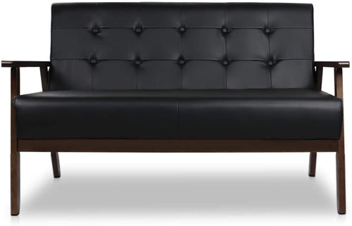 Mid-Century Modern Solid Loveseat Sofa Upholstered Faux Leather Couch
